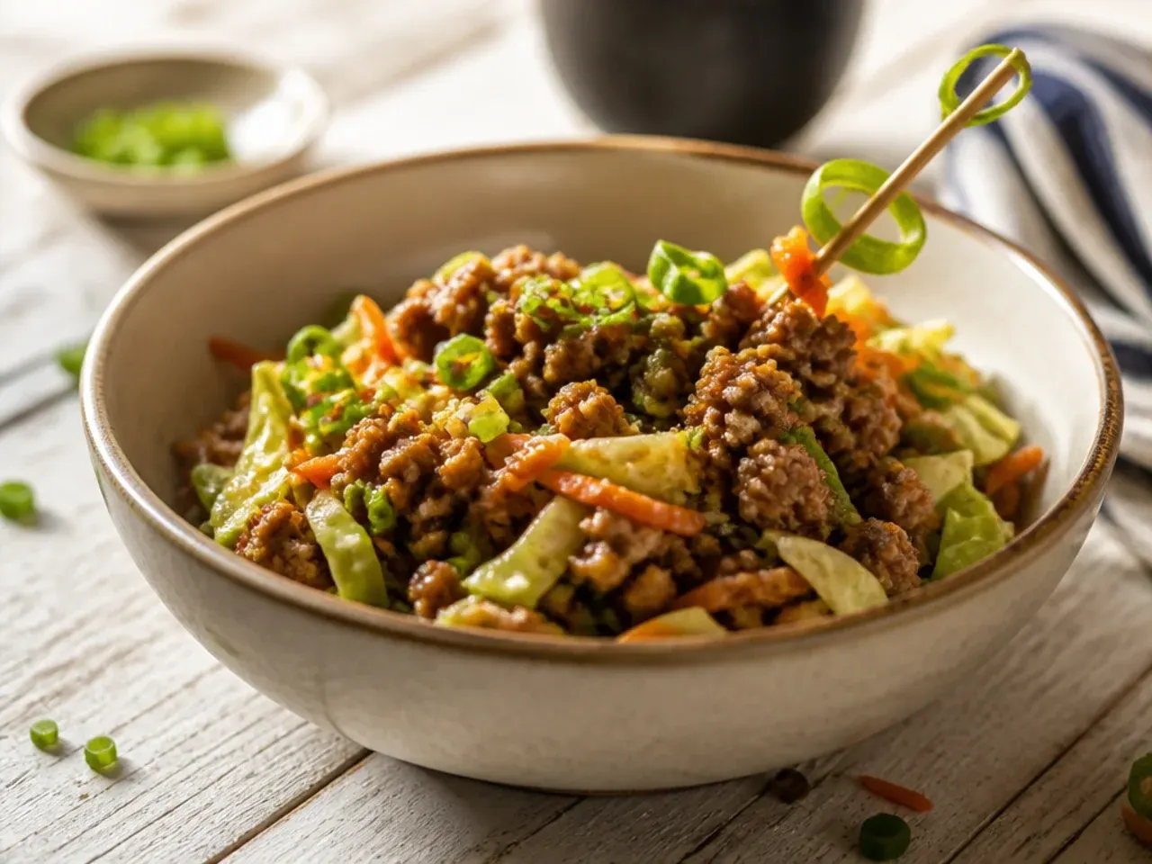 Restaurant-style egg roll bowl with glossy sauce and toasted sesame seeds