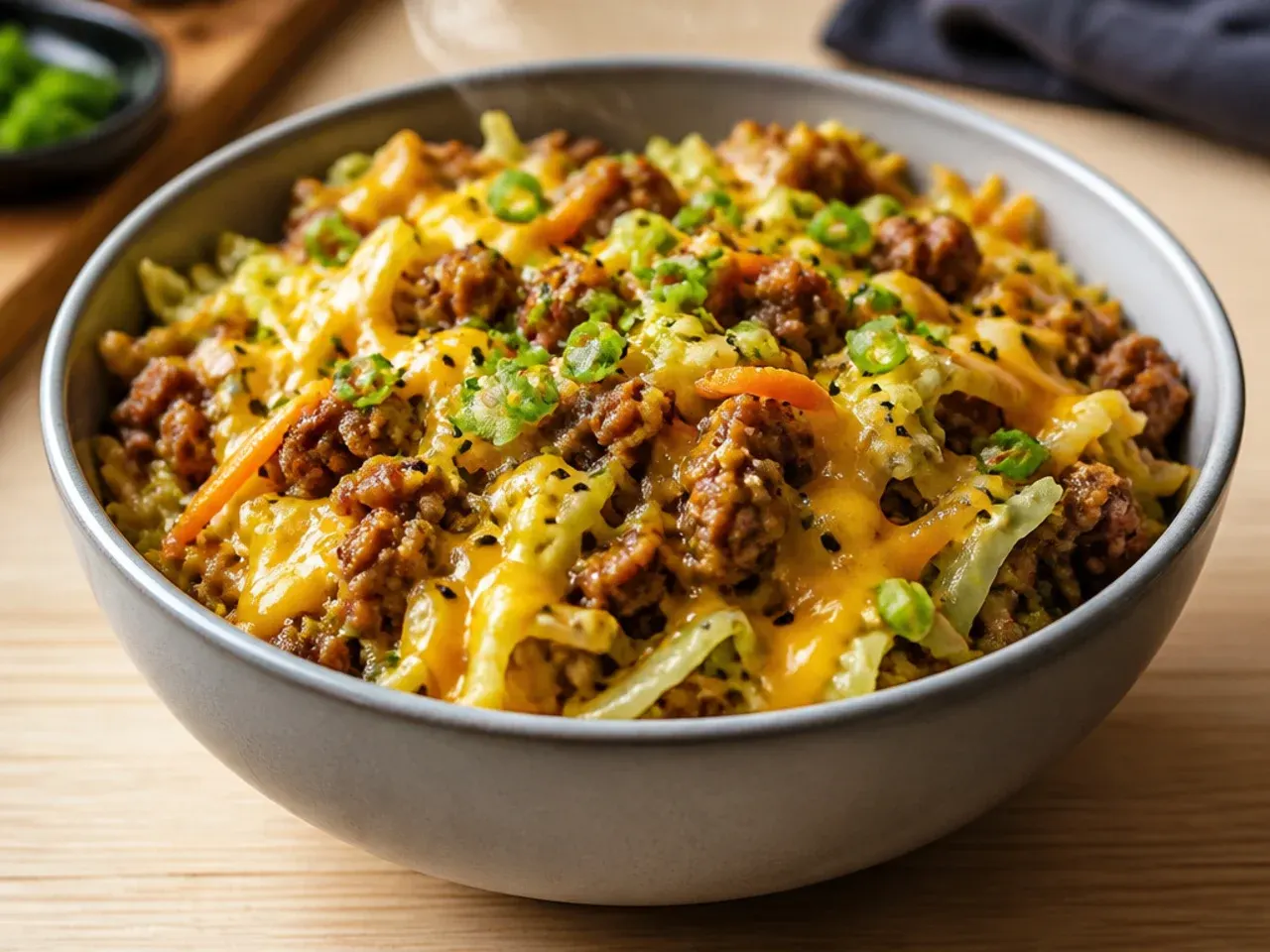 Egg roll bowl topped with melted cheese in a skillet