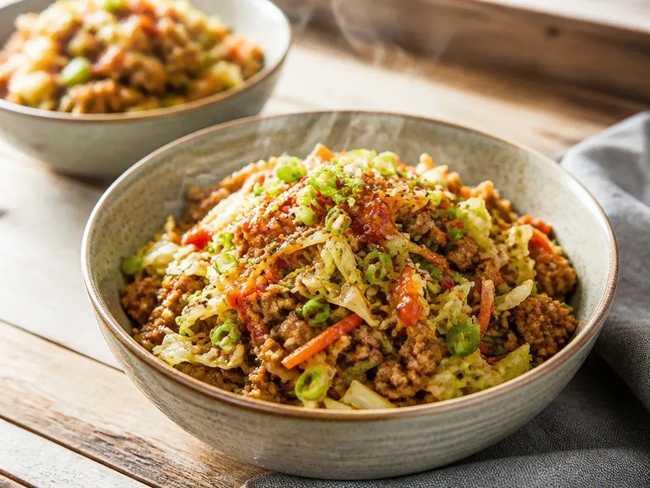 Large skillet of egg roll bowl mixture ready to feed a crowd