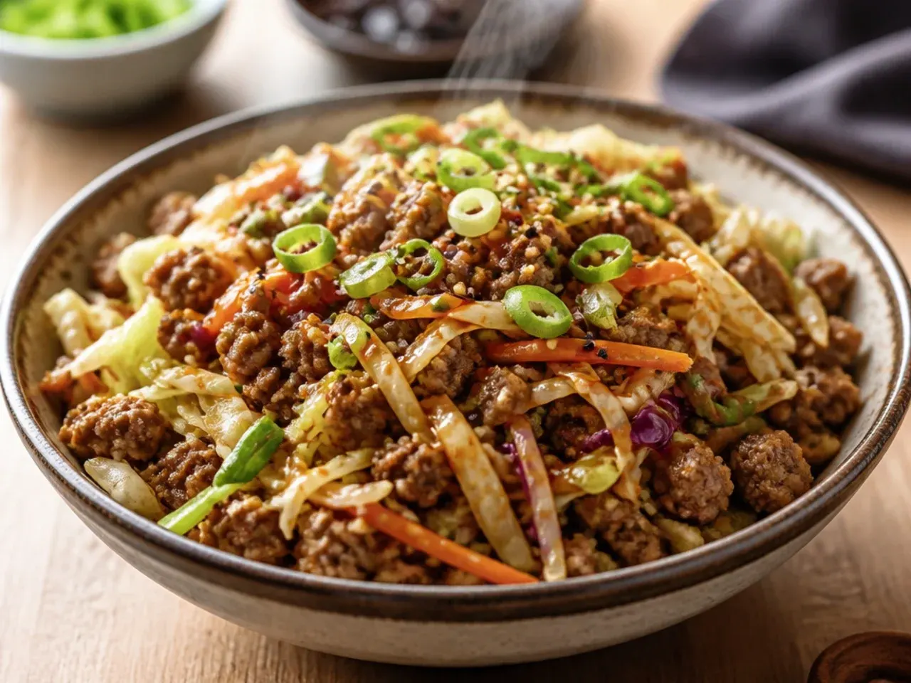 Meal prep containers filled with egg roll bowl and rice