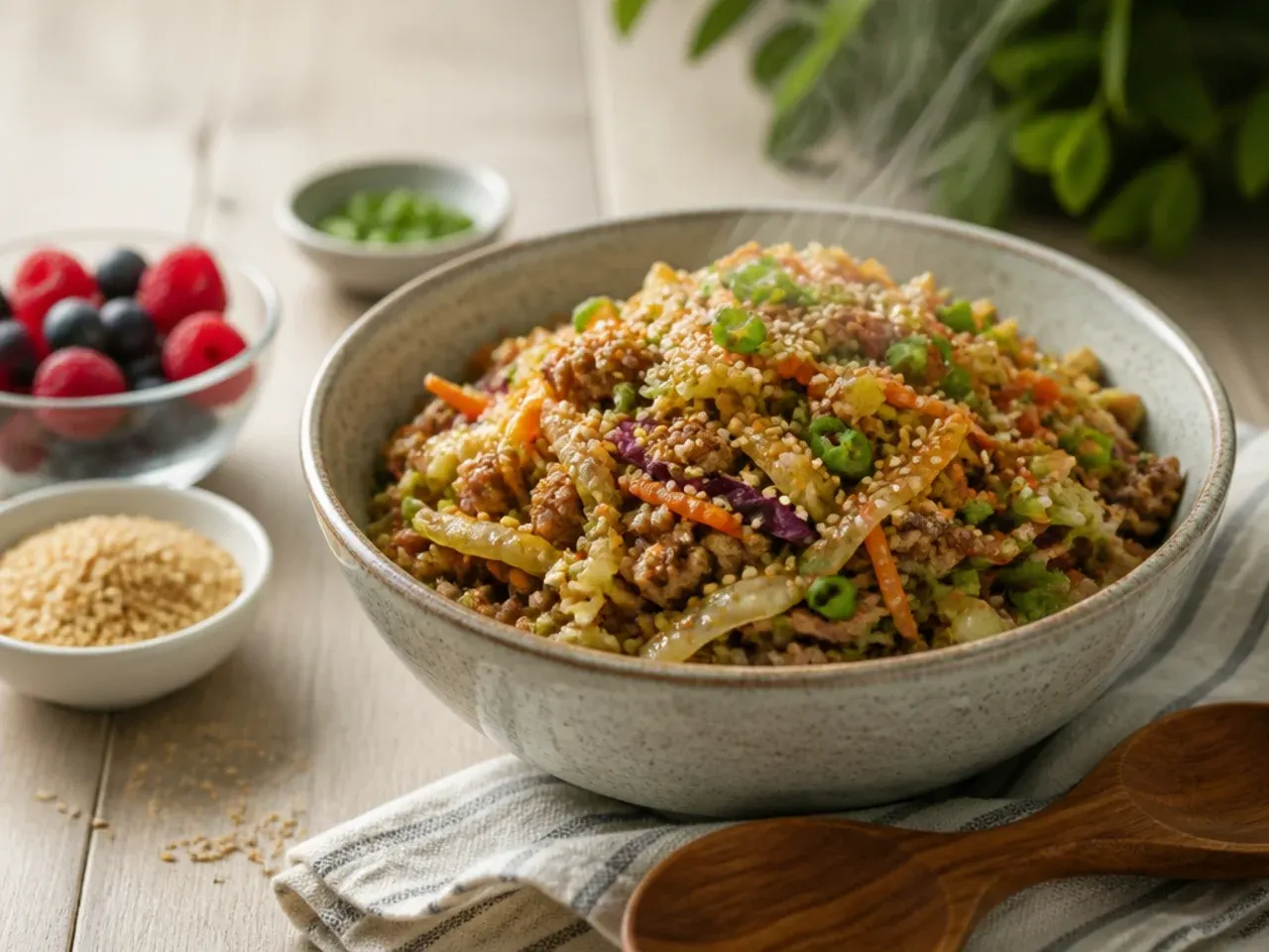 Family-style egg roll bowl served over rice with mild seasoning