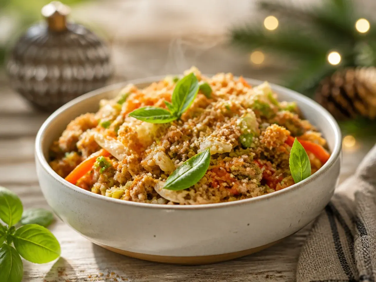 Festive egg roll bowl garnished with pomegranate seeds and spring onion