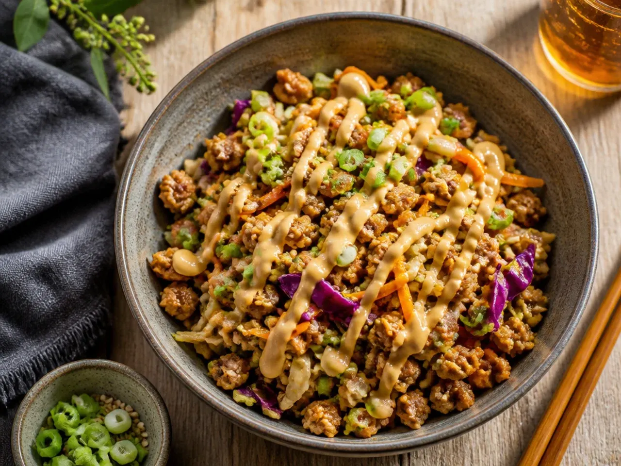 Quick egg roll bowl with ground chicken ready in 15 minutes