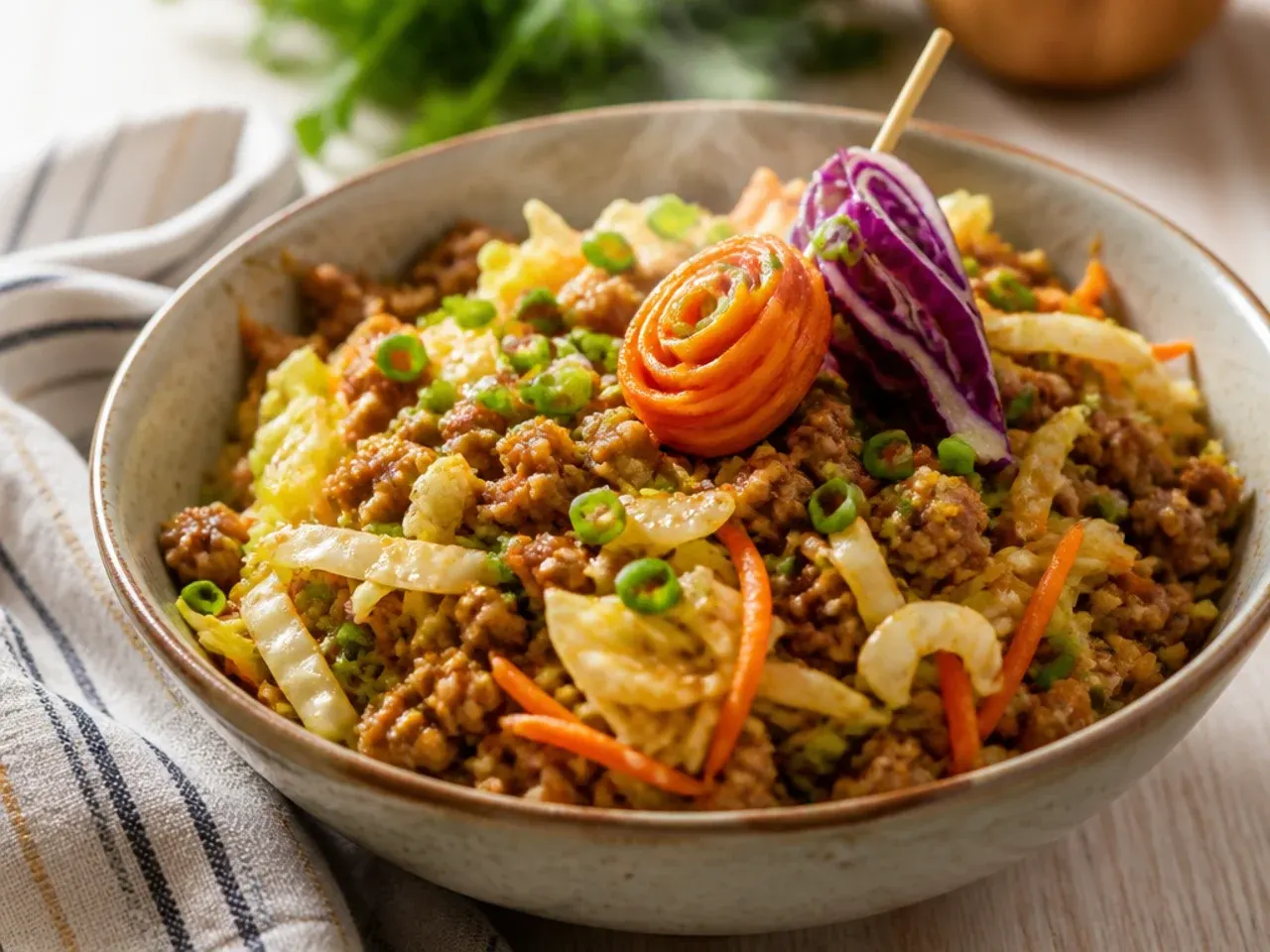 Homemade egg roll bowl with freshly shredded cabbage and carrot