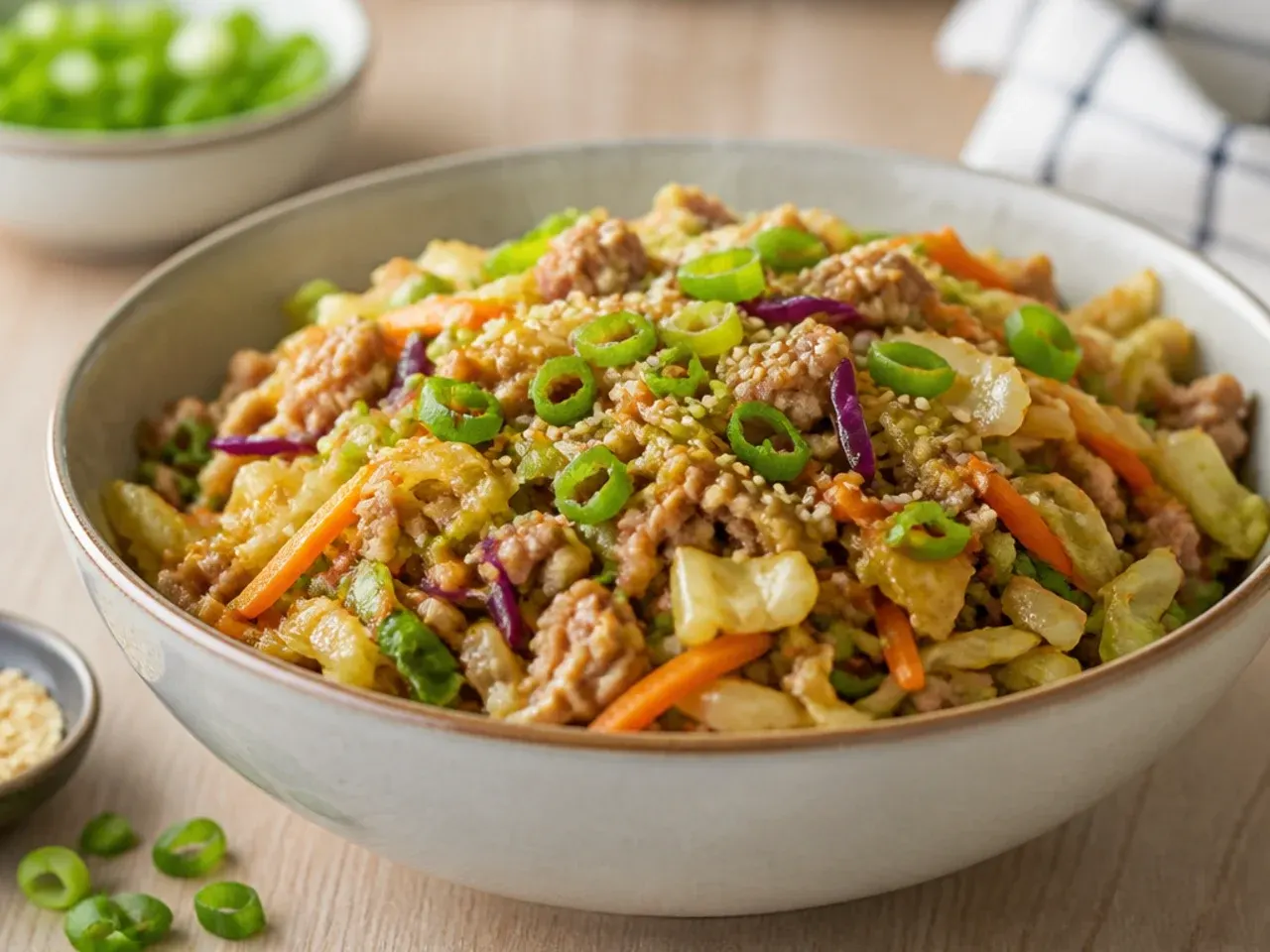 Ground chicken egg roll bowl with classic soy garlic sauce