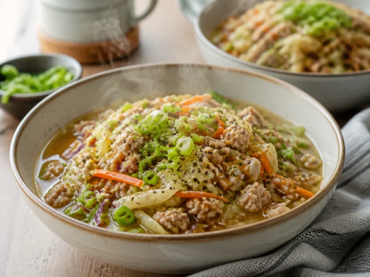 Egg roll bowl simmered in ginger garlic broth