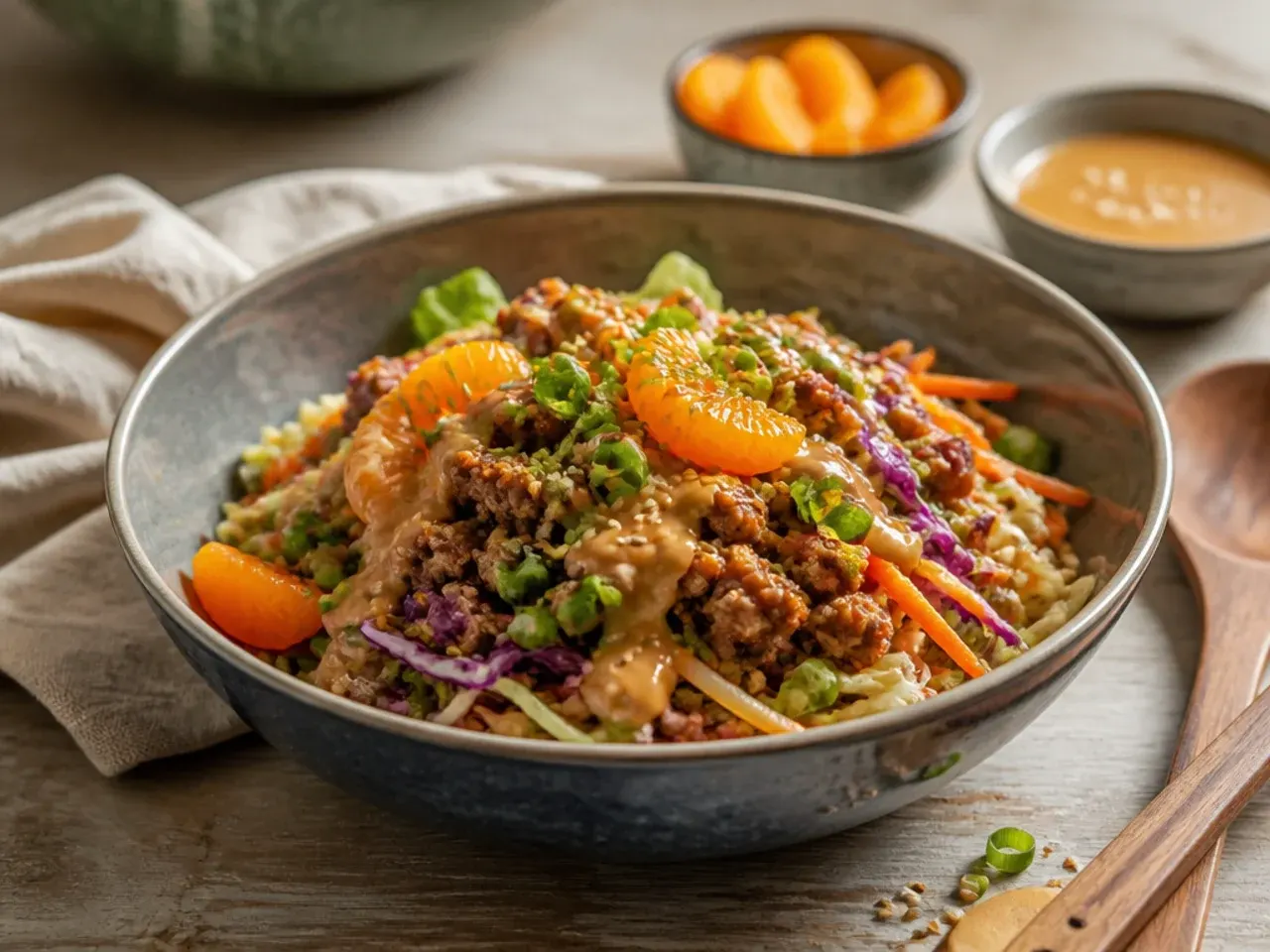 Egg roll bowl with creamy peanut sauce and crushed peanut garnish
