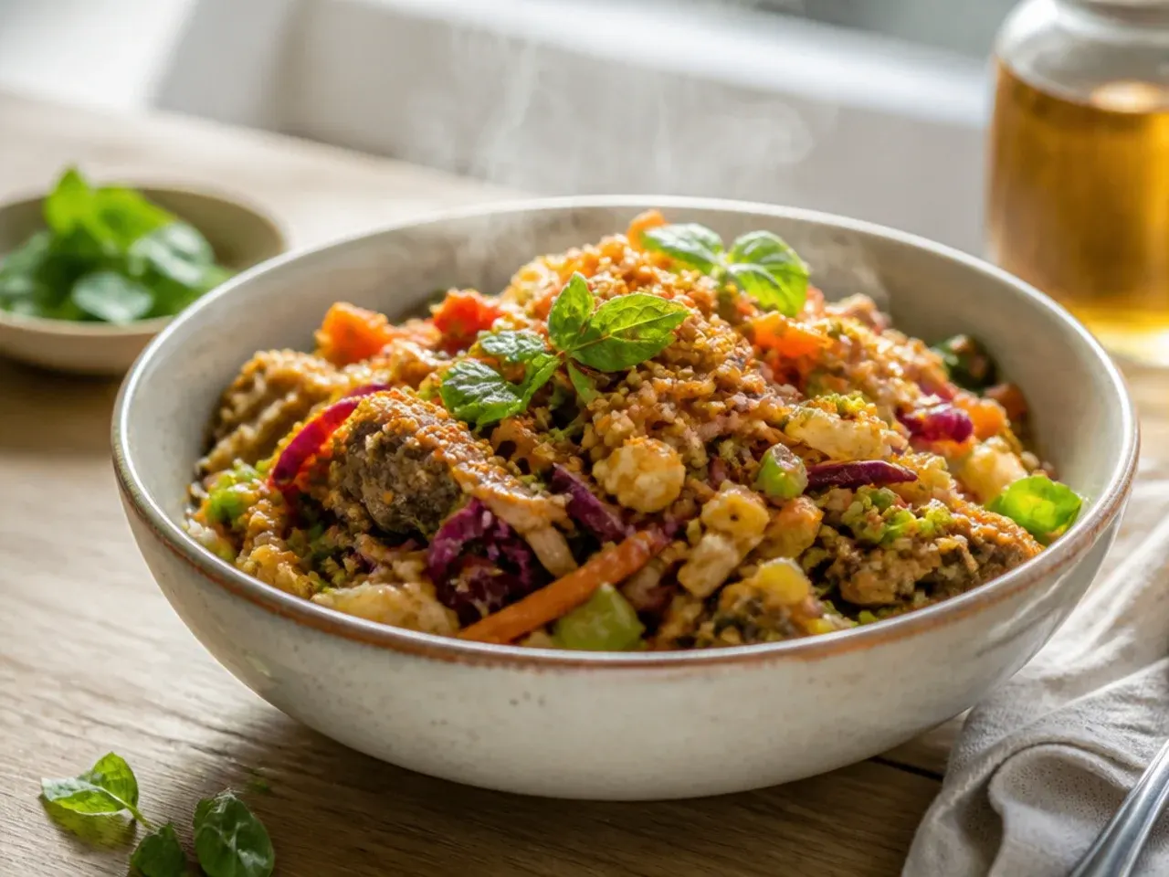 Vegetable-loaded egg roll bowl with peppers, snap peas and bean sprouts