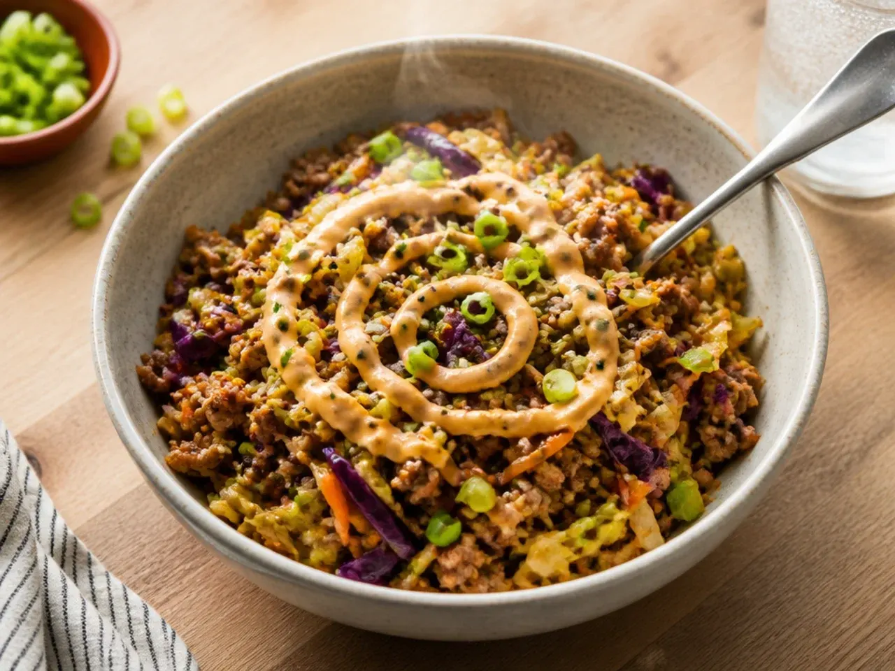 Best egg roll bowl recipe with browned pork and glossy sauce