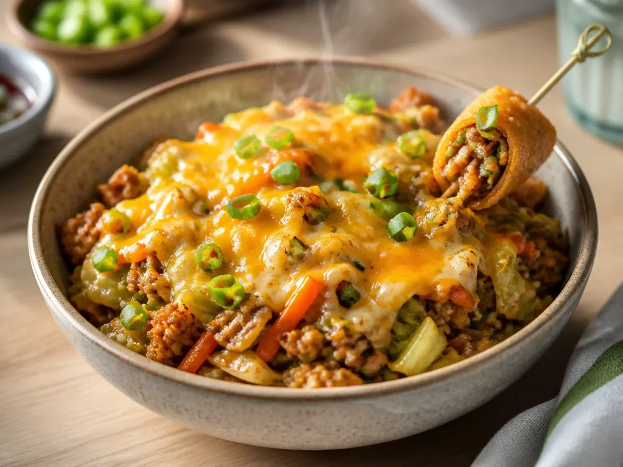 Baked cheesy egg roll bowl casserole with bubbling cheese topping