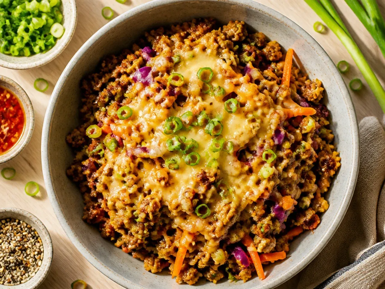 Egg roll bowl filling served with lettuce cups for wrapping