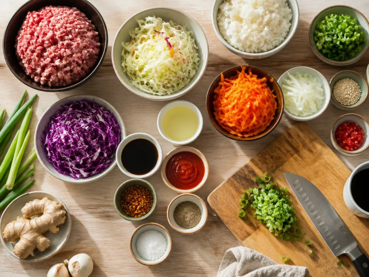 Close-up of hands seasoning an egg roll bowl in a skillet