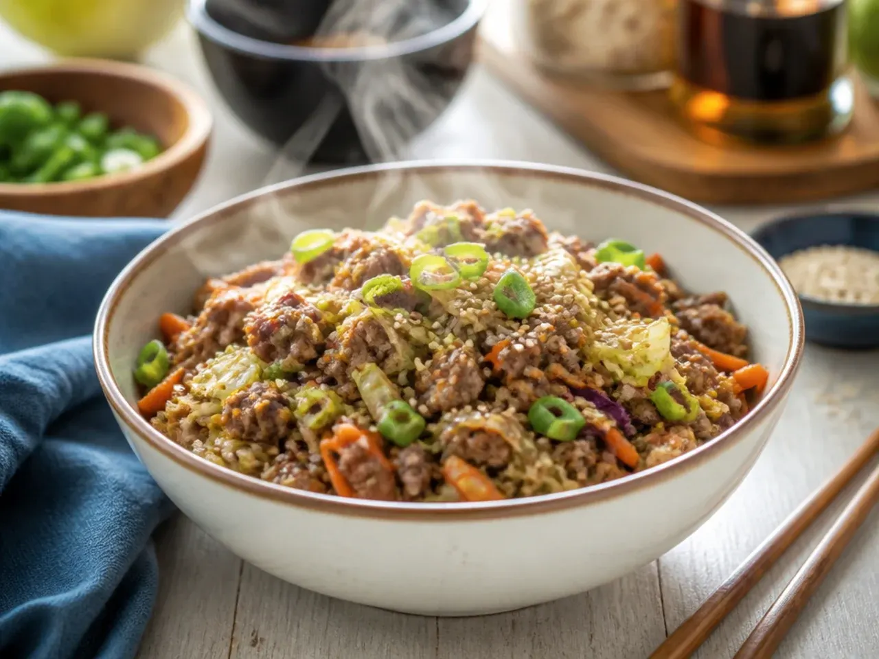Egg roll bowl served over rice with fresh garnishes on a plate