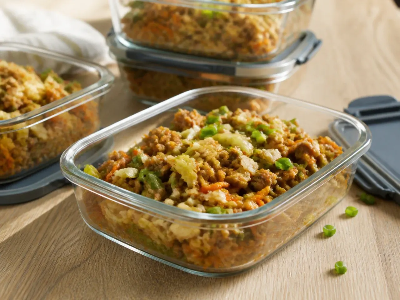 Airtight container of leftover egg roll bowl in the fridge