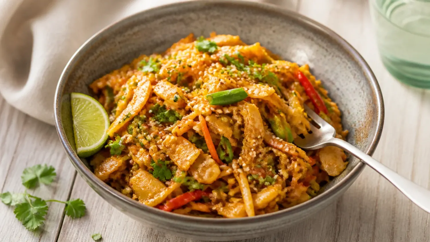 A skillet of egg roll in a bowl with ground pork, shredded cabbage and carrots, topped with sesame seeds and sliced spring onions