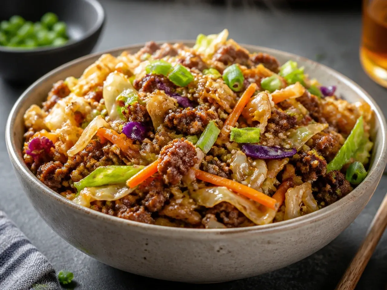 Overhead shot of egg roll in a bowl ingredients laid out including cabbage, ground pork, carrots, garlic and soy sauce