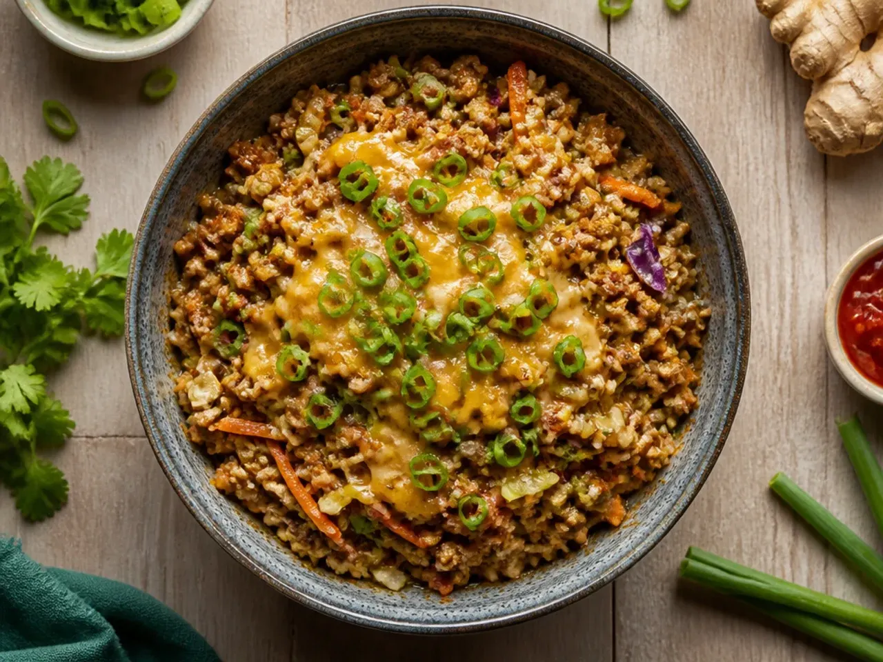 Ground pork egg roll in a bowl in a cast iron skillet with cabbage and carrots