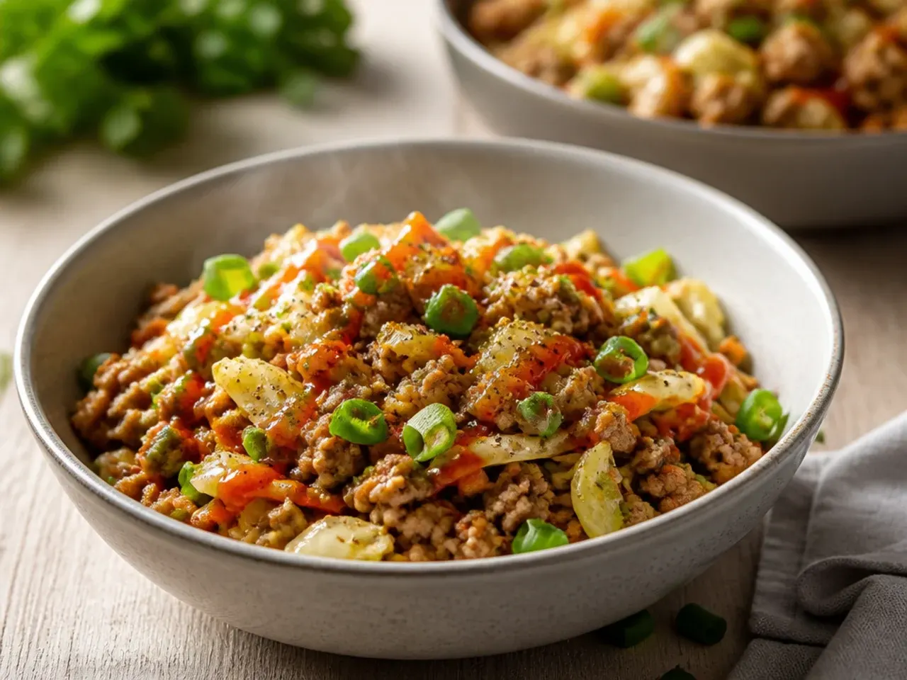 Ground turkey egg roll bowl with shredded cabbage in a skillet