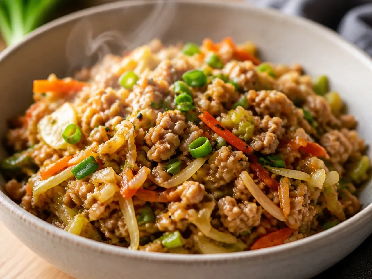 Ground chicken egg roll in a bowl with lime wedges on the side