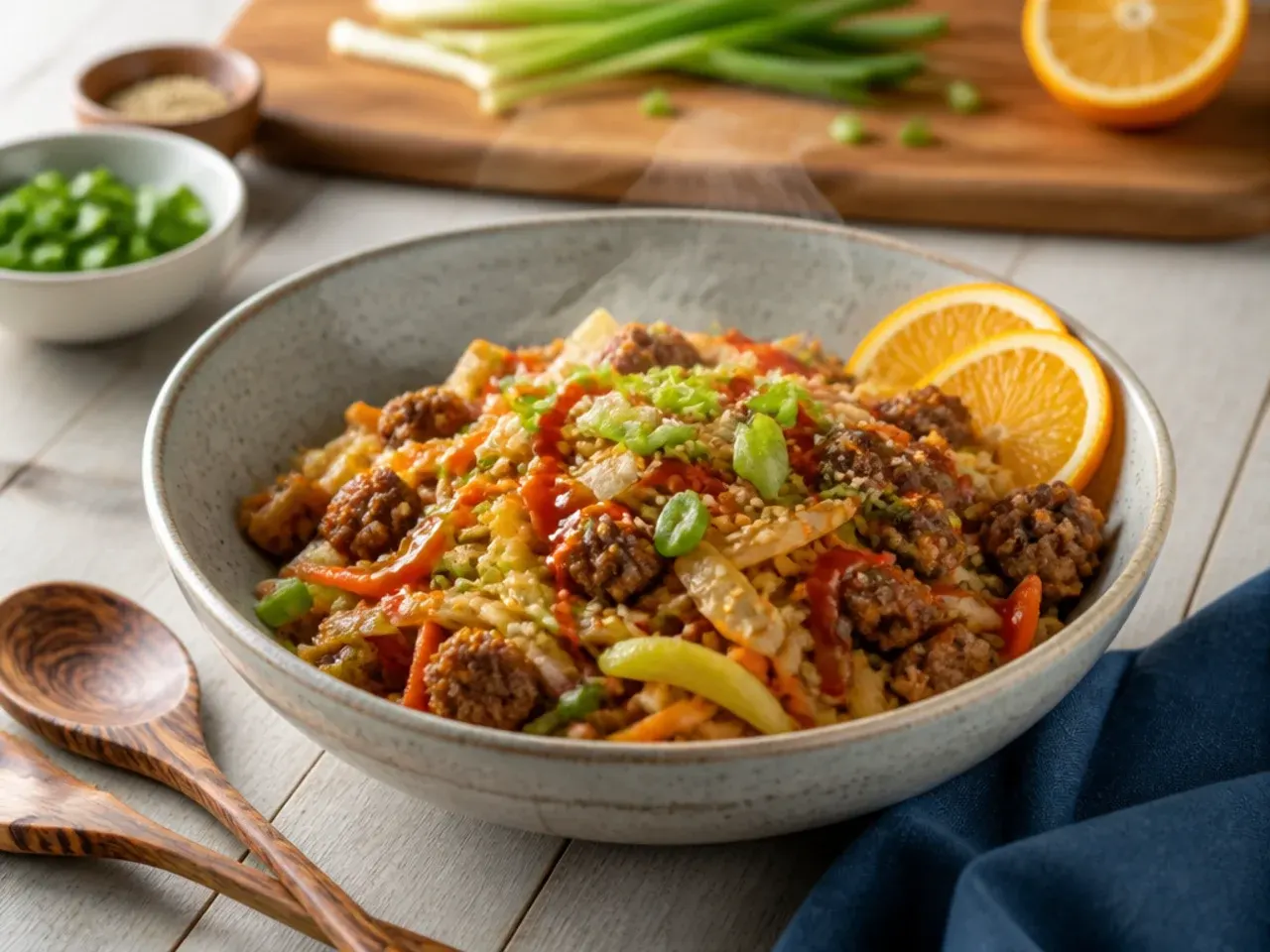 Ground beef egg roll bowl topped with sesame seeds