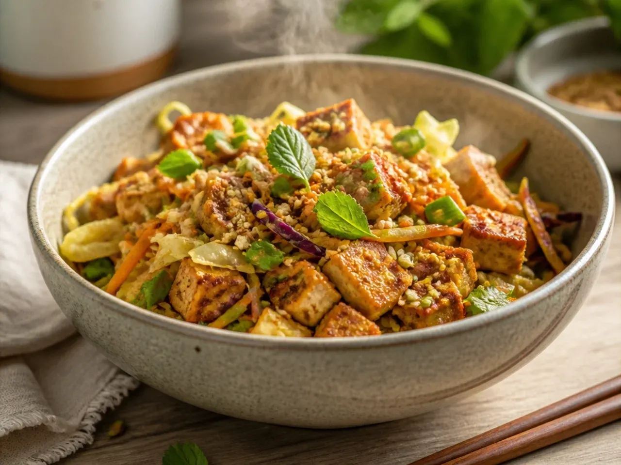 Crumbled tofu egg roll in a bowl with cabbage and spring onion, a vegetarian version