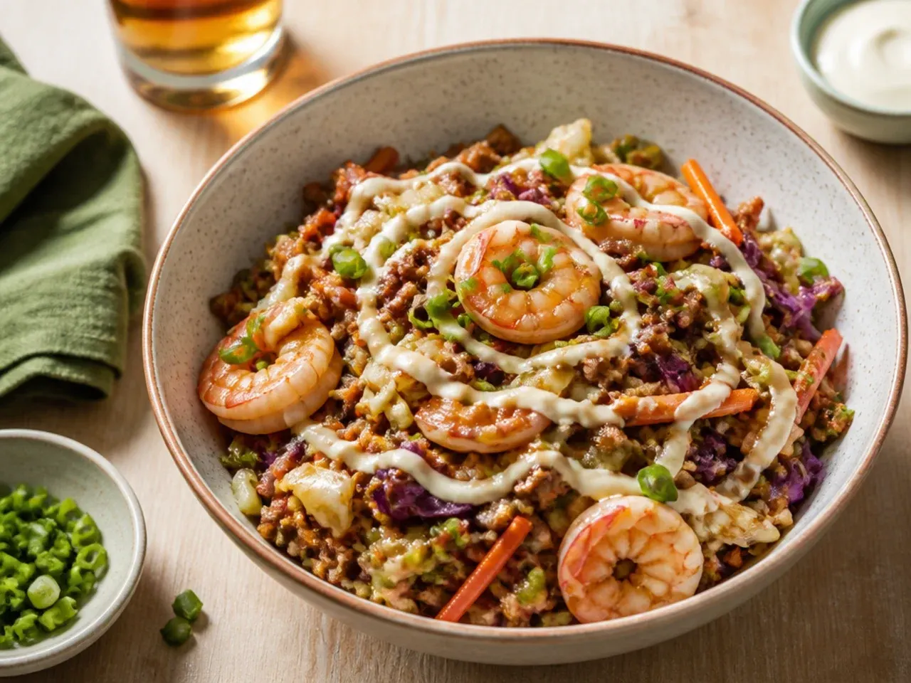 Shrimp egg roll bowl with pink prawns nestled in cabbage and carrots