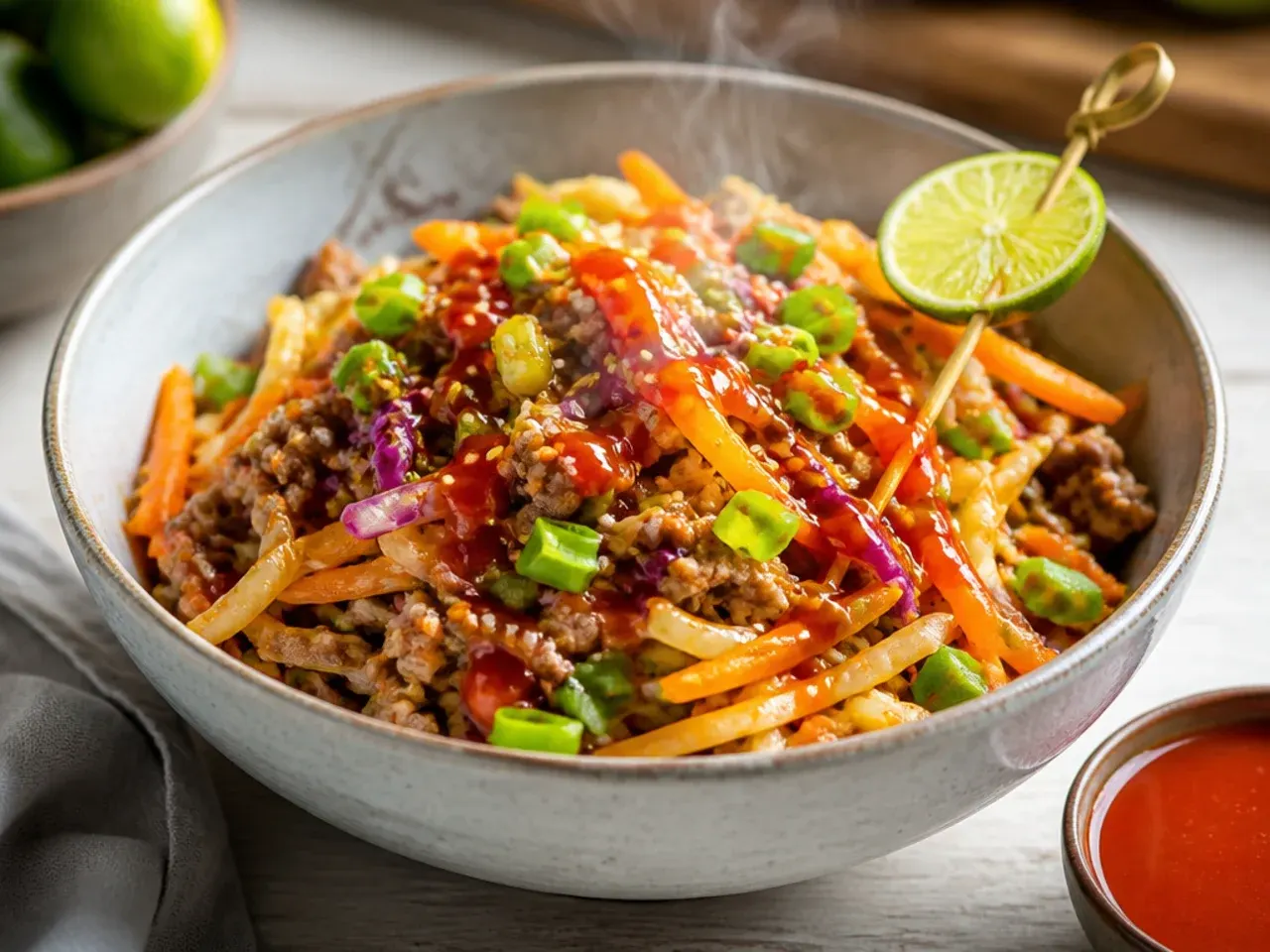 Spicy sriracha egg roll bowl drizzled with red chilli sauce