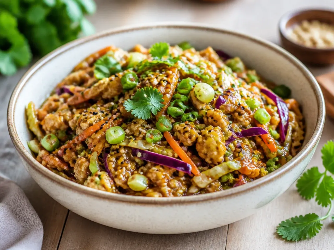 Egg roll bowl coated in creamy peanut sauce with chopped peanuts on top
