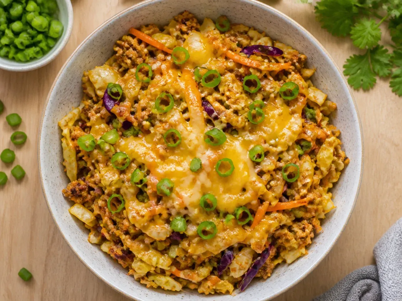 Curry-spiced egg roll bowl with golden-hued cabbage and pork