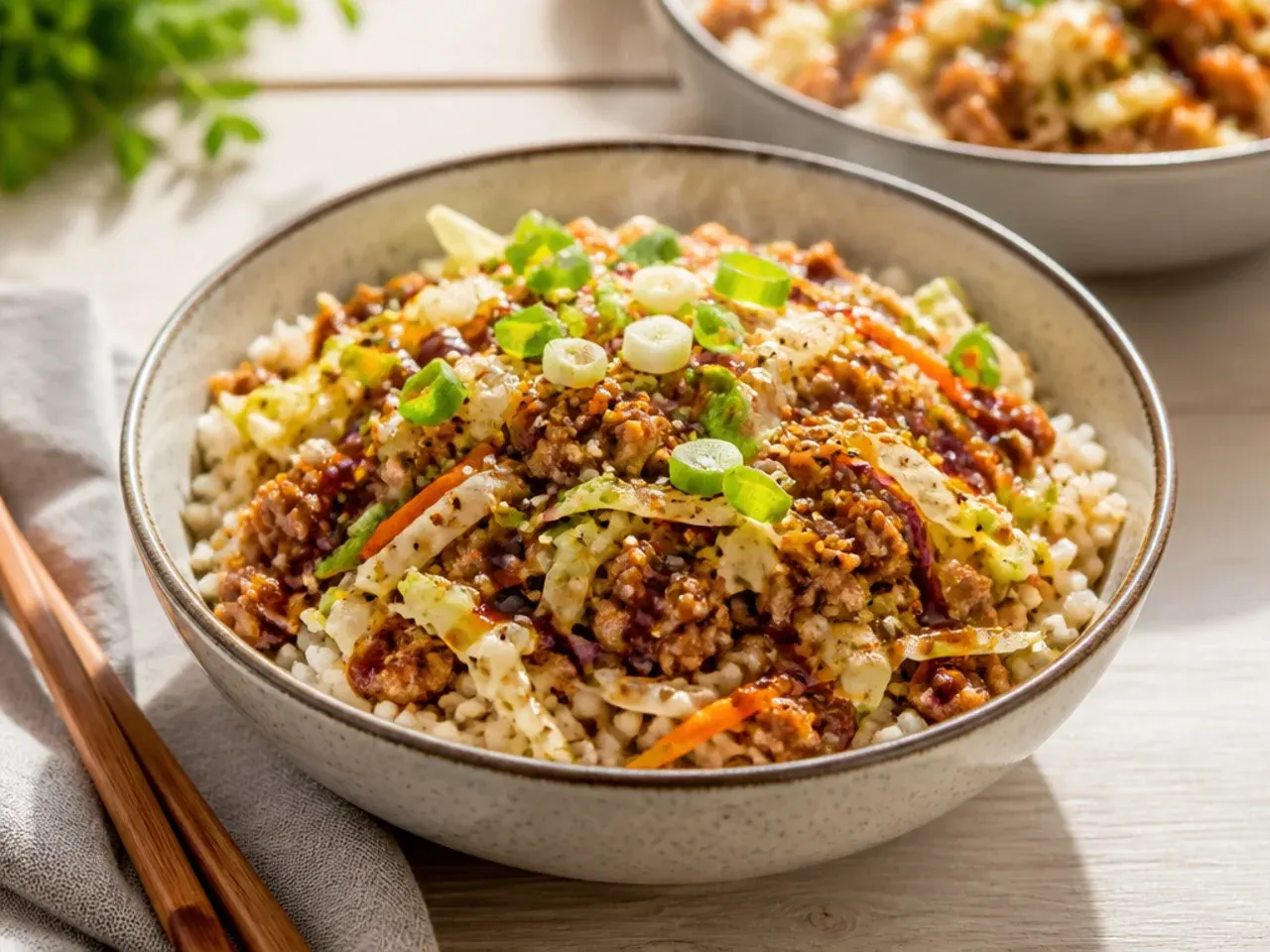 Glossy teriyaki egg roll bowl with shiny sauce coating the cabbage and meat