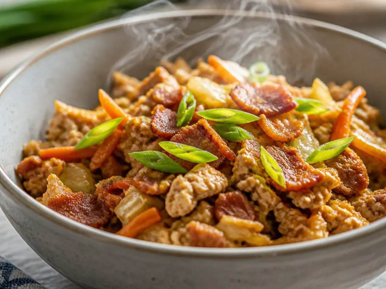 Egg roll bowl with crispy bacon bits scattered over cabbage and pork