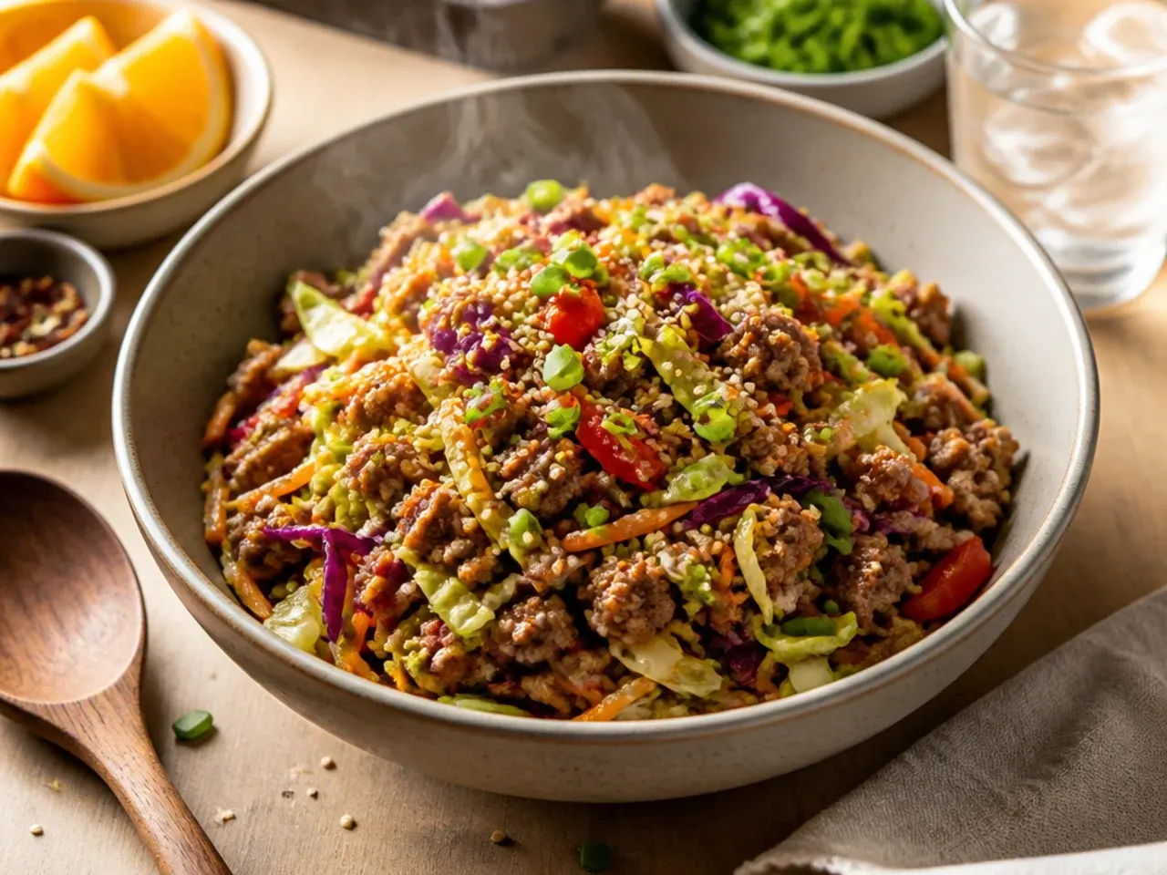 Colourful egg roll bowl with red pepper, purple cabbage and courgette