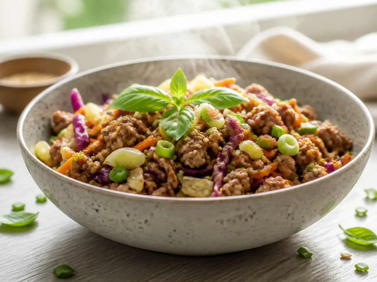 Keto egg roll in a bowl with extra sesame oil drizzle, no rice or noodles