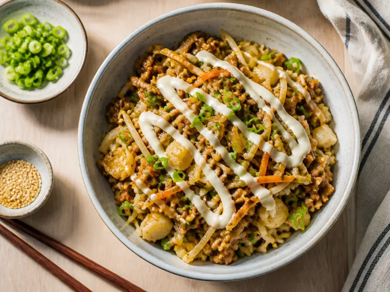 Egg roll bowl with visible water chestnuts and bean sprouts for crunch