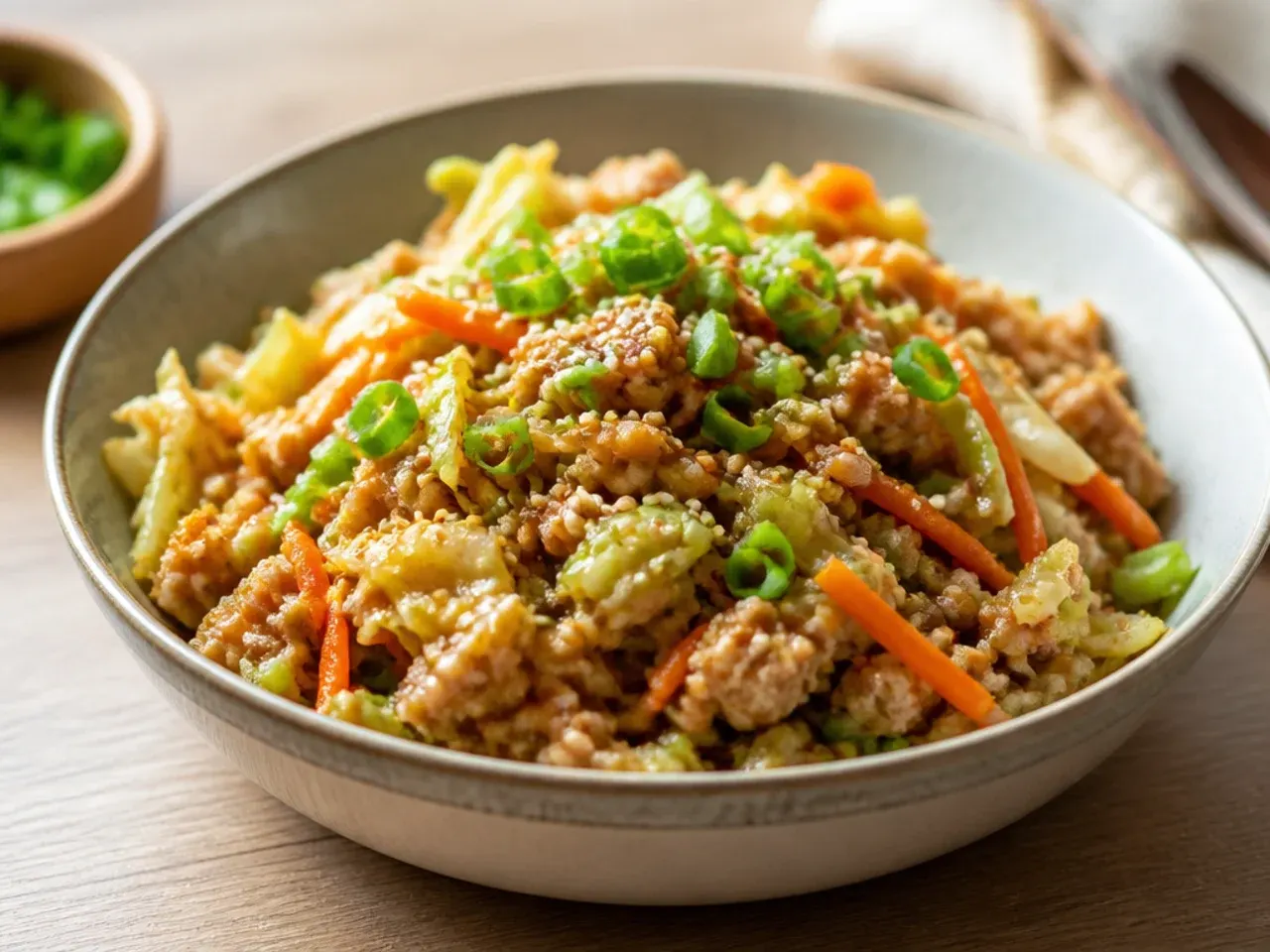 Egg roll bowl ingredients cooking in an air fryer basket