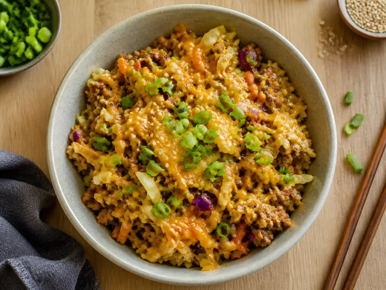 Egg roll bowl ingredients spread on a lined sheet pan before roasting