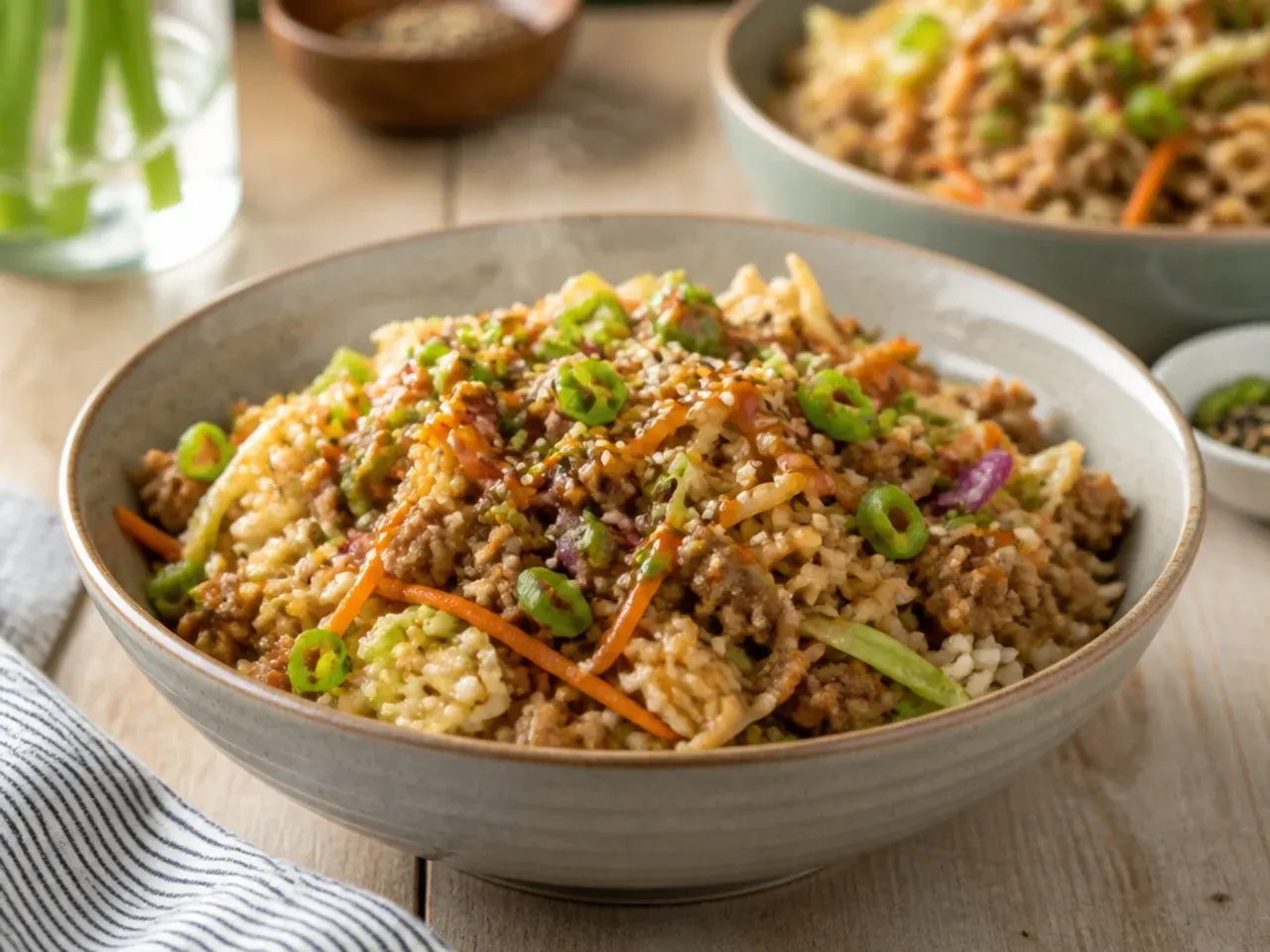 Egg roll bowl mixture in a slow cooker insert with cabbage wilted down