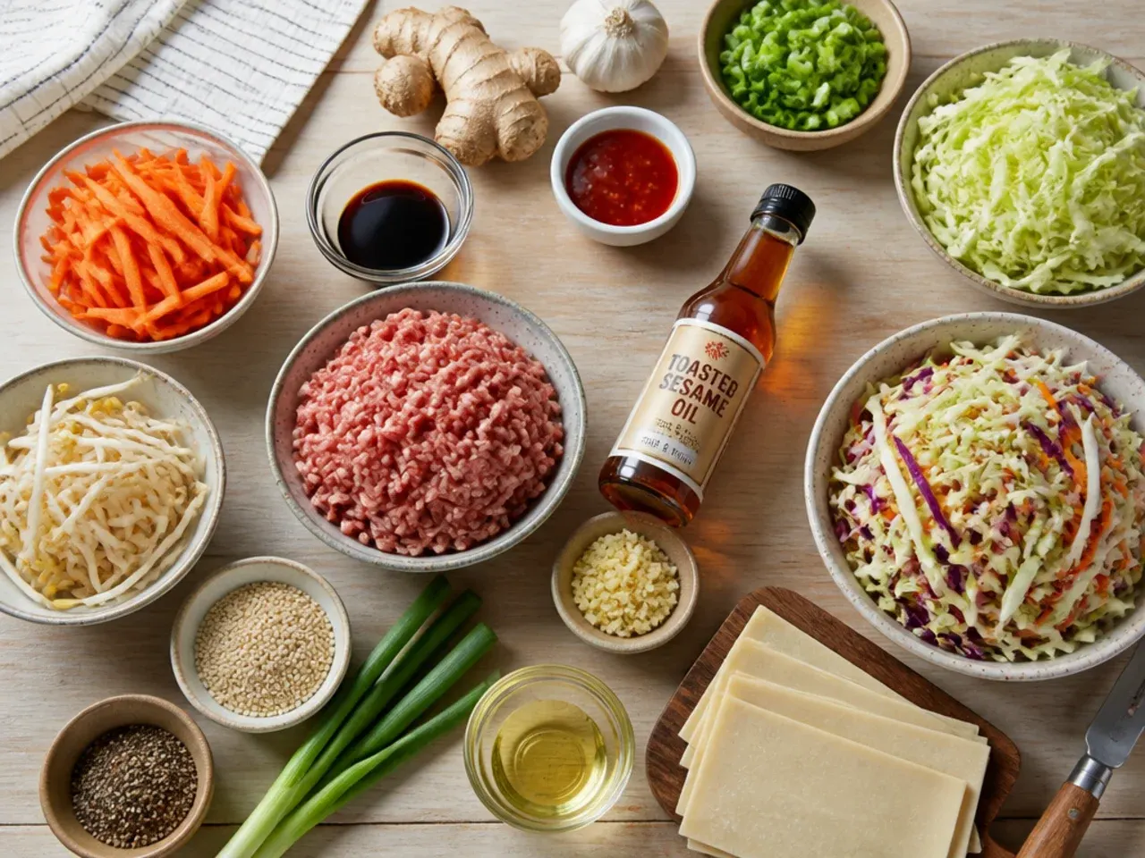 Close-up of hands adding soy sauce to a skillet of browned pork and cabbage