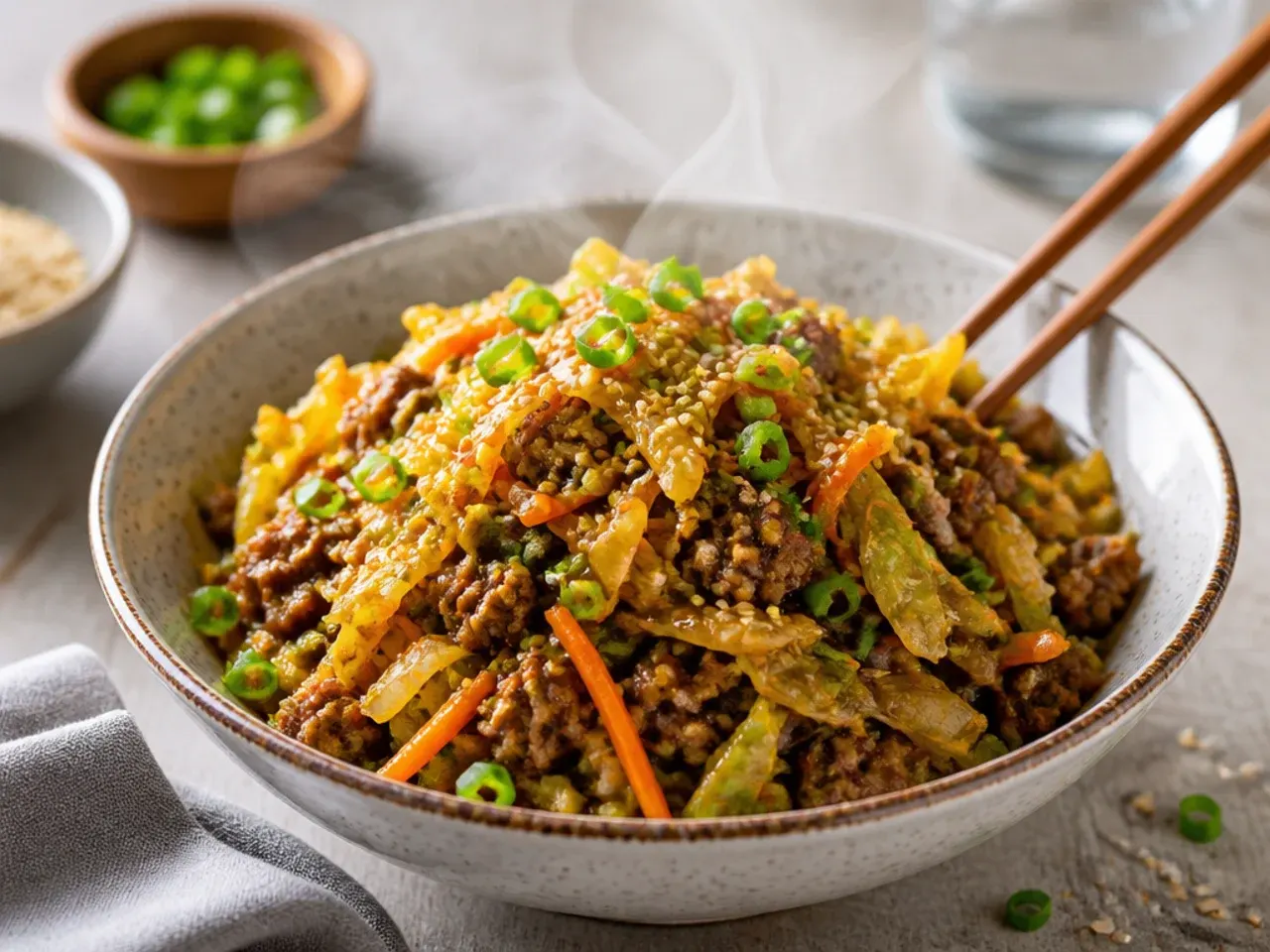 Egg roll in a bowl served over steamed rice with a fried egg on top