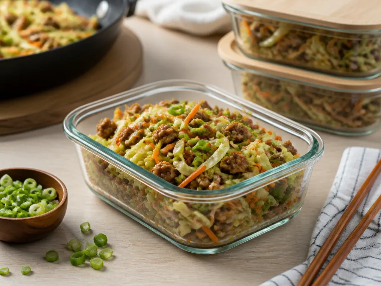 Leftover egg roll in a bowl stored in a glass airtight container