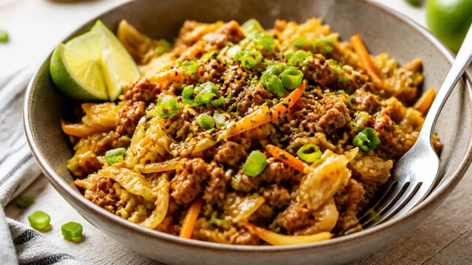 Instant Pot egg roll in a bowl filled with browned ground pork, cabbage, carrots, spring onion and sesame seeds