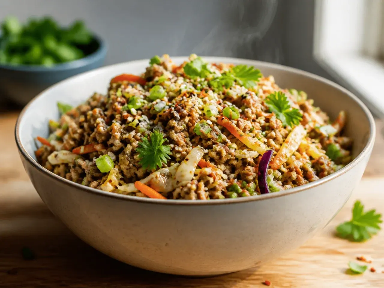 Ground pork and coleslaw mix inside an Instant Pot insert before sealing the lid