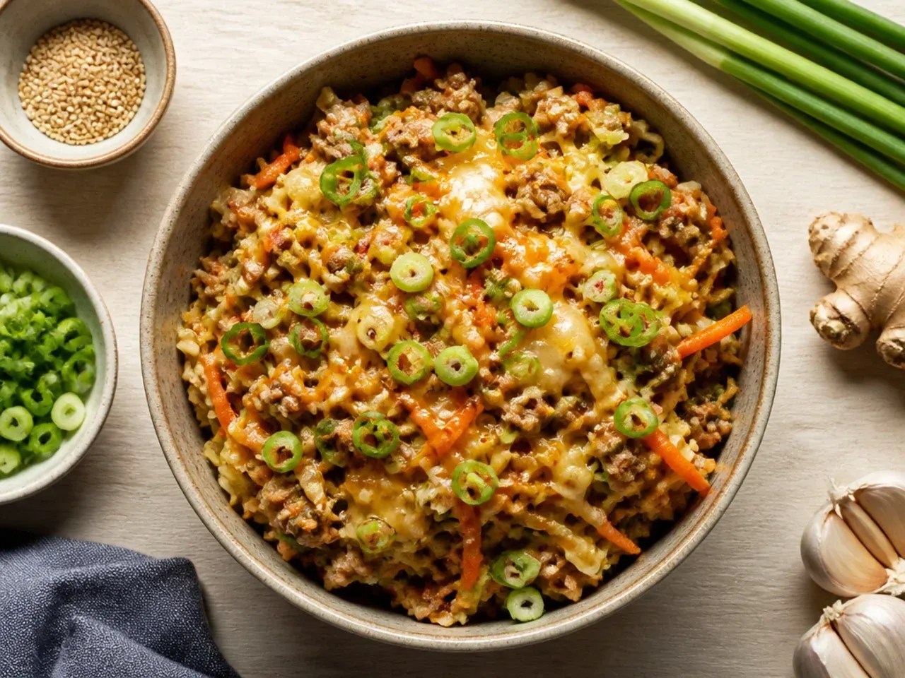 Ground pork and shredded cabbage cooking in a stainless steel skillet on the hob