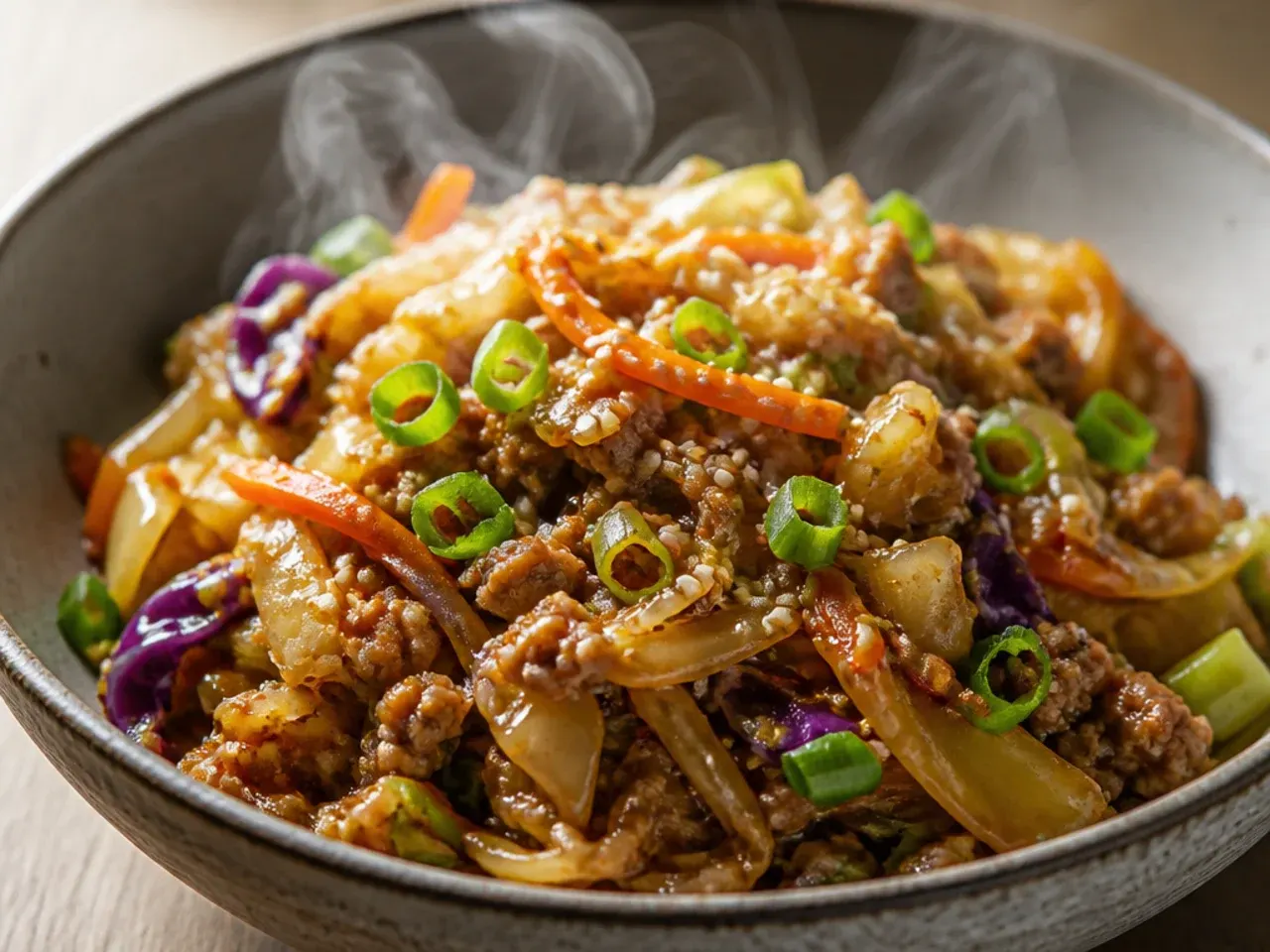 Close-up of egg roll in a bowl showing cabbage texture, browned pork and sesame seed garnish