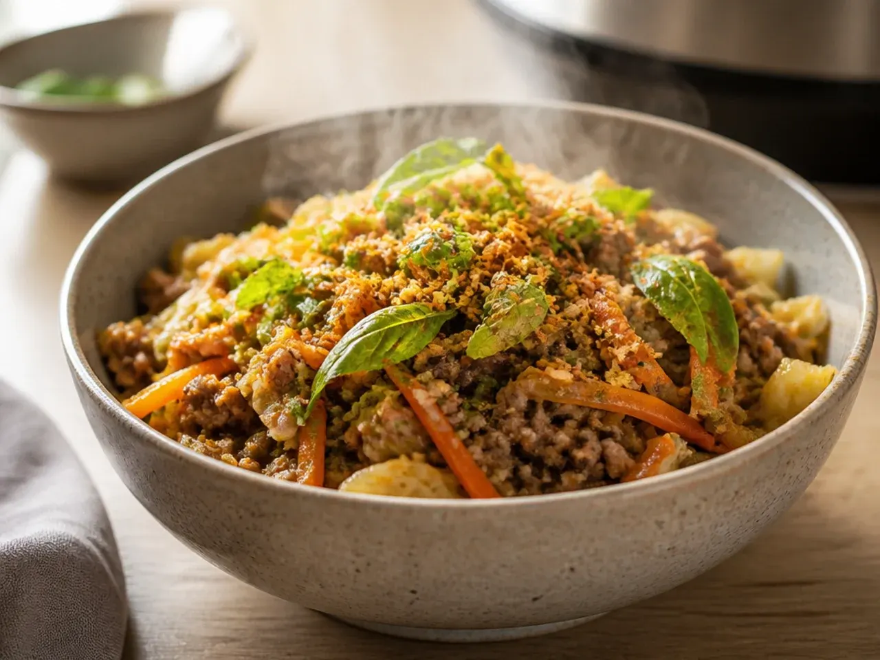 Two bowls side by side comparing Instant Pot and stovetop egg roll in a bowl textures