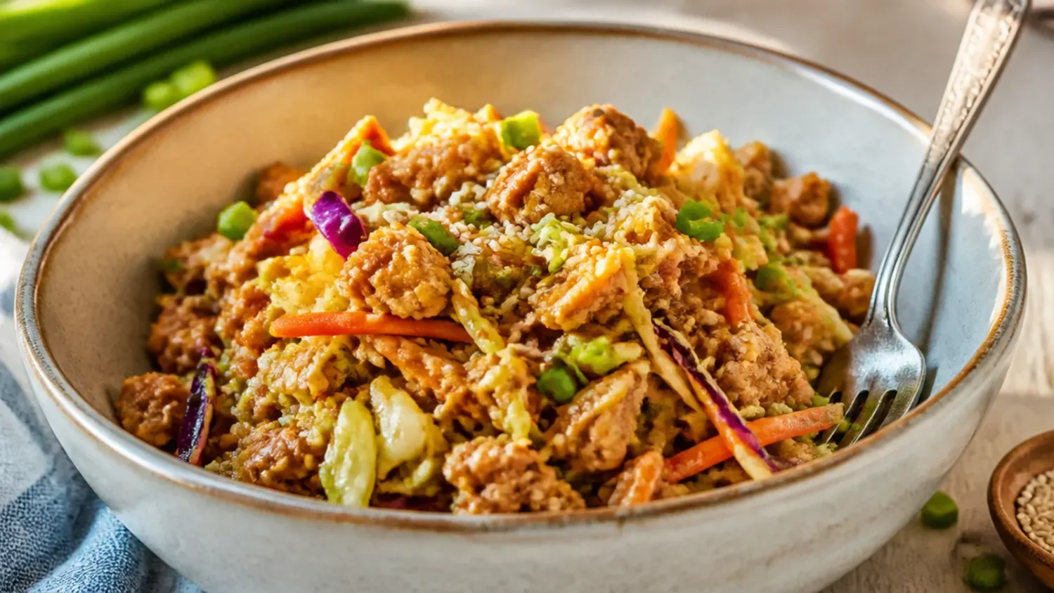 A skillet of egg roll in a bowl with browned ground pork, shredded cabbage, carrots and spring onions