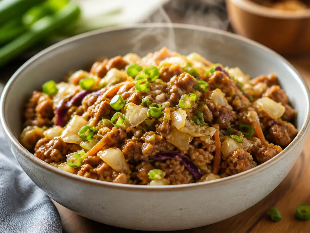 Overhead shot of a bowl of egg roll in a bowl garnished with sesame seeds and spring onion