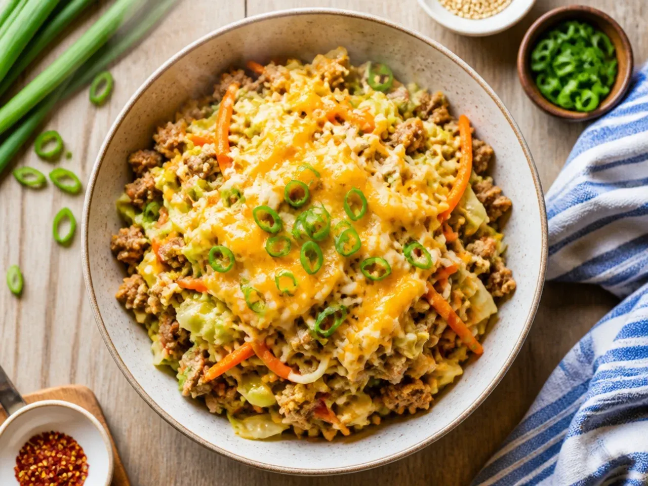 Ground pork and cabbage egg roll in a bowl in a cast iron skillet