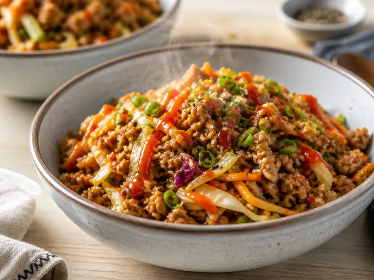Ground turkey egg roll bowl with shredded carrots in a nonstick pan