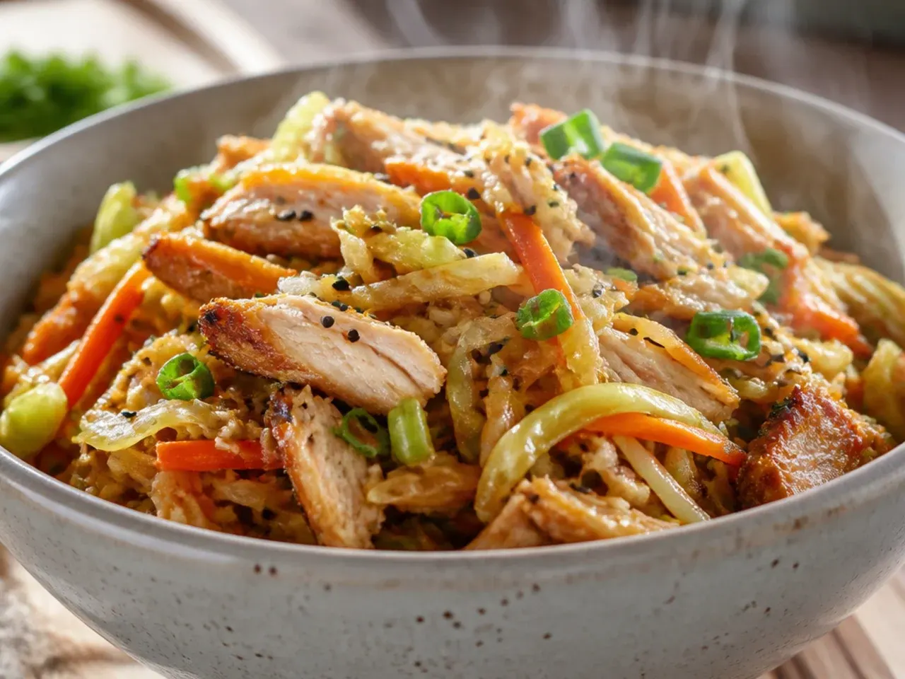 Shredded rotisserie chicken egg roll bowl with cabbage and spring onion